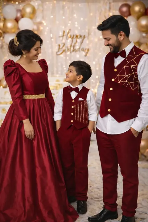 A family in wine velvet: a puff-sleeve gown and matching waistcoat sets with gold detail